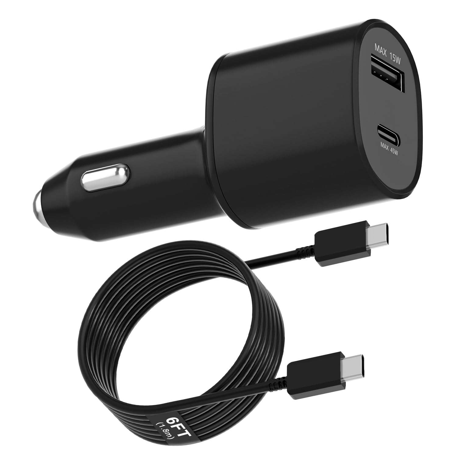 Cargador de coche dual súper rápido (45 W + 15 W), doble puerto USB-C y USB-A blanco, cable de 6.5 pies para Samsung S25, S24, S23, S22, color negro