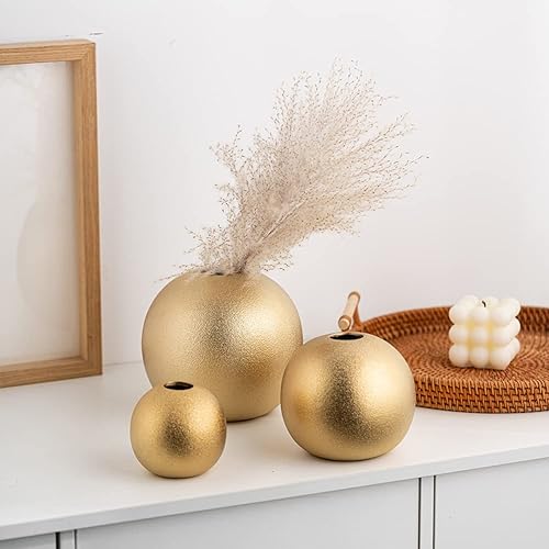Juego de 3 jarrones dorados de cerámica con forma de bola moderna para decoración, jarrones dorados para decoración del hogar, jarrón decorativo