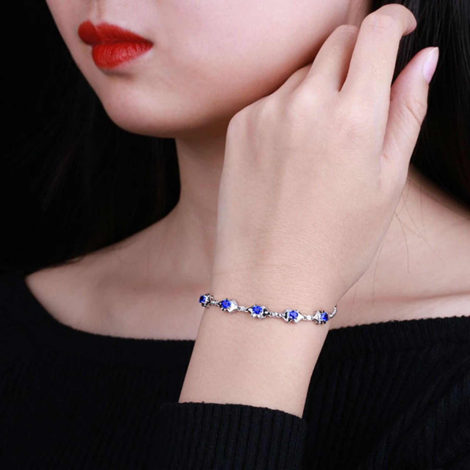 Pulsera Mujer de Oro Blanco 9 Kilates / 14 Kilates / 18 Kilates, Oval con Zafiro Creado de 1,79 ct y Moissanita, Cadena Extensible 16 CM + 5 CM, Pulsera Mujer de Plata Azul
