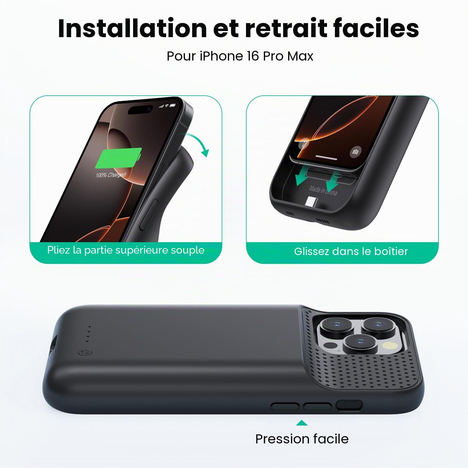 Feob Coque Batterie pour iPhone 16 Pro Max, Puissant 8600mAh 15W Coque Rechargeable Batterie Externe avec écran de Protection en Verre Trempé Chargeur Portable pour iPhone 16 Pro Max(6,9") (A-Noir)