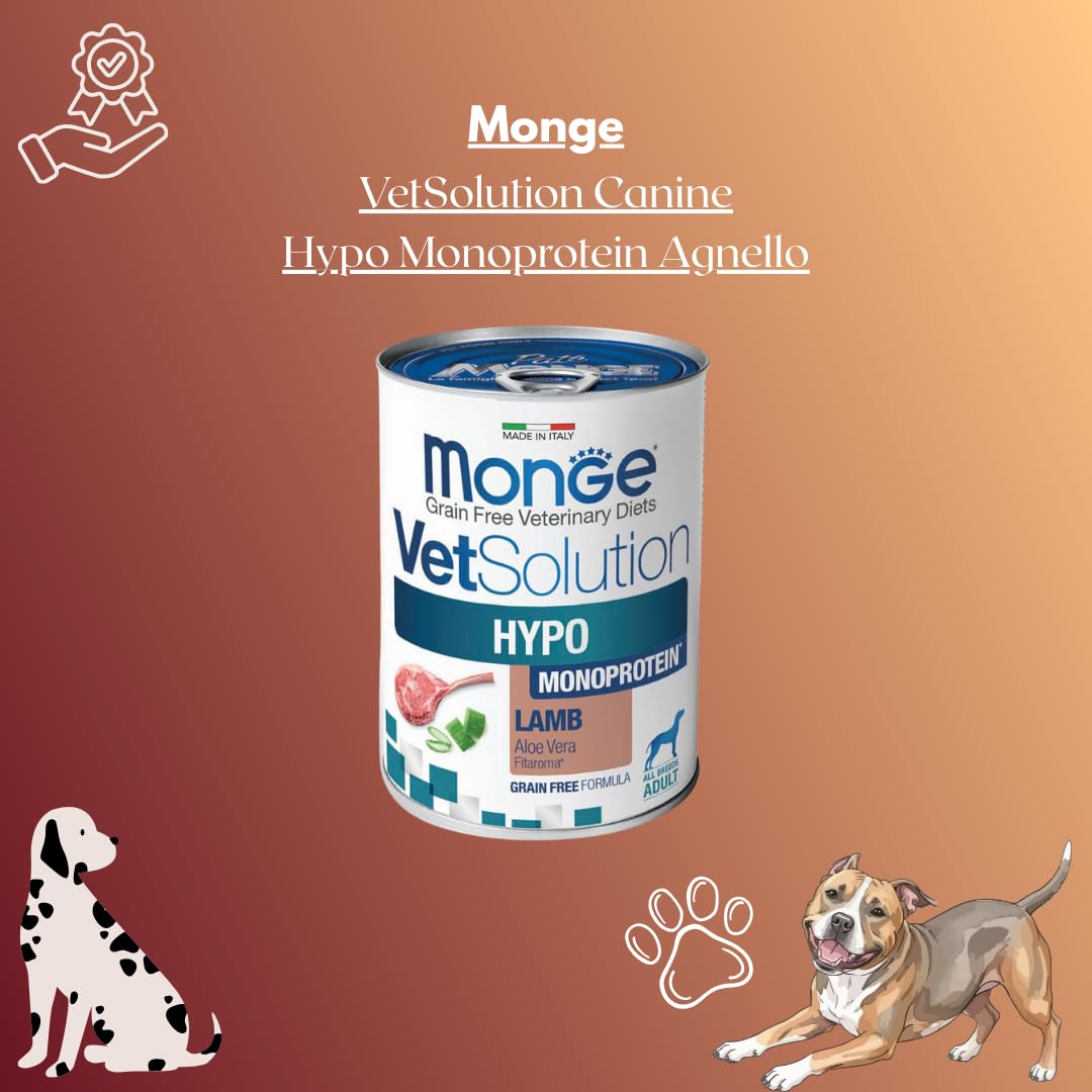 MONGE Cane VetSolution Canine Hypo Monoprotein gusto Agnello | alimento dietetico completo per cani, per la riduzione di intolleranze alimentari, Made in Italy, 12 lattine da 400 grammi.