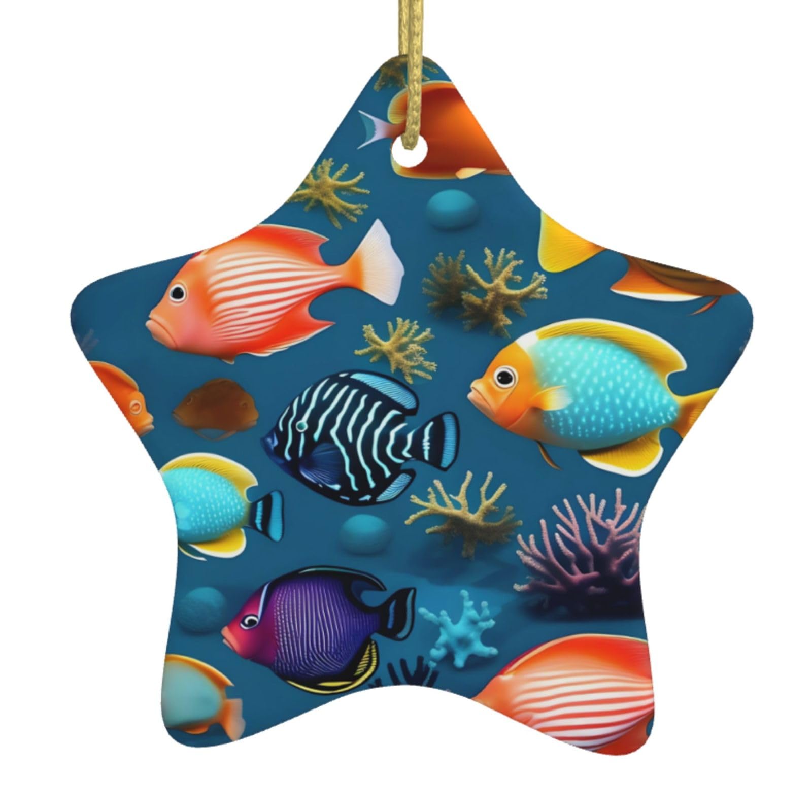 Submarine Reef Fish Christmas Ceramic Star Pendant with Punched Holes and Gold Wire Rope, Christmas Tree Home Decoration