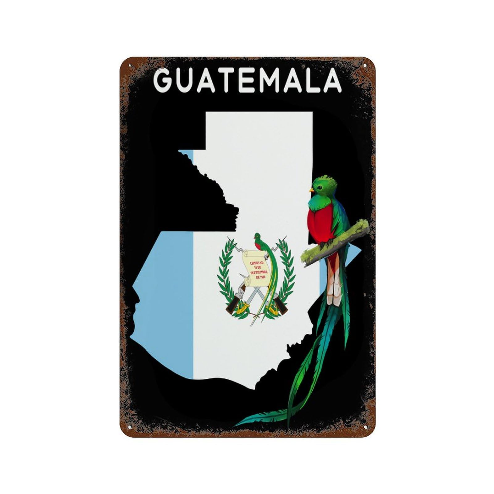 KWQDOZF Flag Map And Quetzal Bird of Guatemala Theme Metal Tin Sign,Vintage Iron Hanging Plate Vertical with Rust Poster Wall Decor 8x12inch
