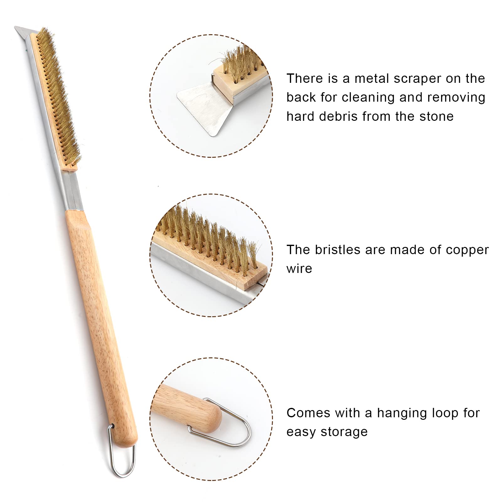 Brosse pour Four à Pizza avec Grattoir, Manche Long 55,5cm, Nettoyage en Laiton