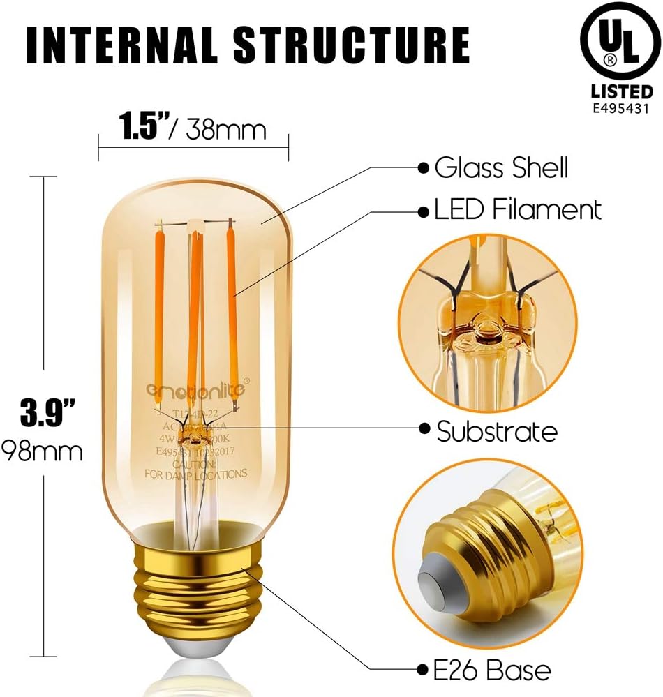 Emotionlite LED Light Bulbs, E26 Dimmable Vintage Edison Tubular Bulb, 40W Equivalent, Amber Yellowish, 4W, 2200K, 300LM, Medium Base, UL Listed, 6 Pack
