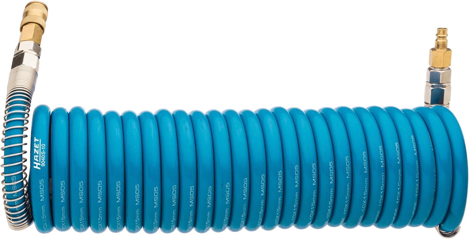 Manguera en espiral de aire comprimido HAZET 9040S-10 I Manguera de polireutano de gran flexibilidad, 7,62 m de longitud, 10 mm de diámetro interior y 10 bar de presión de trabajo
