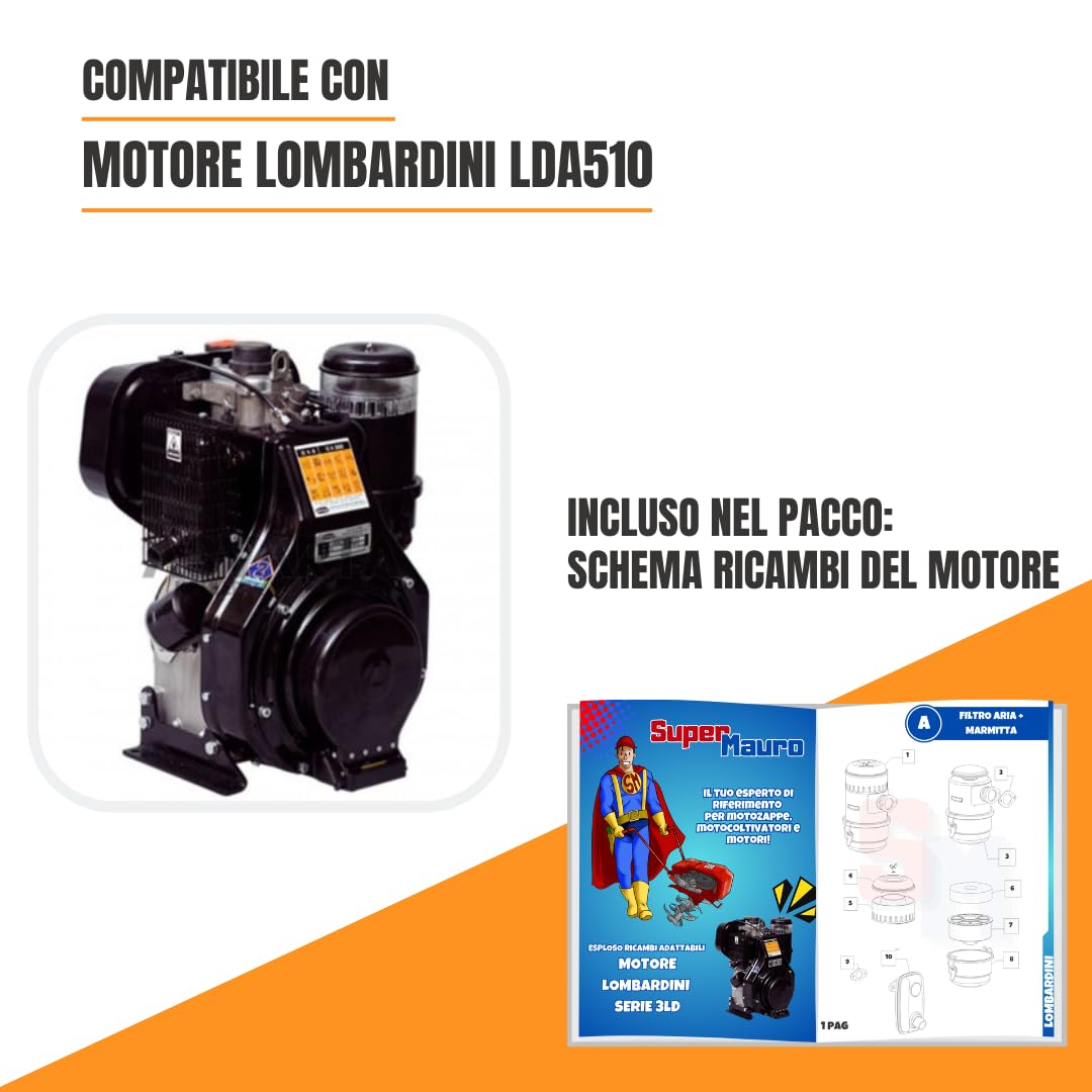 Generico Kit Cilindro e Pistone + Serie Guarnizione Completa e Paraoli Adattabile per Motore Lombardini Diesel LDA 510 per Motozappa e Motocoltivatore