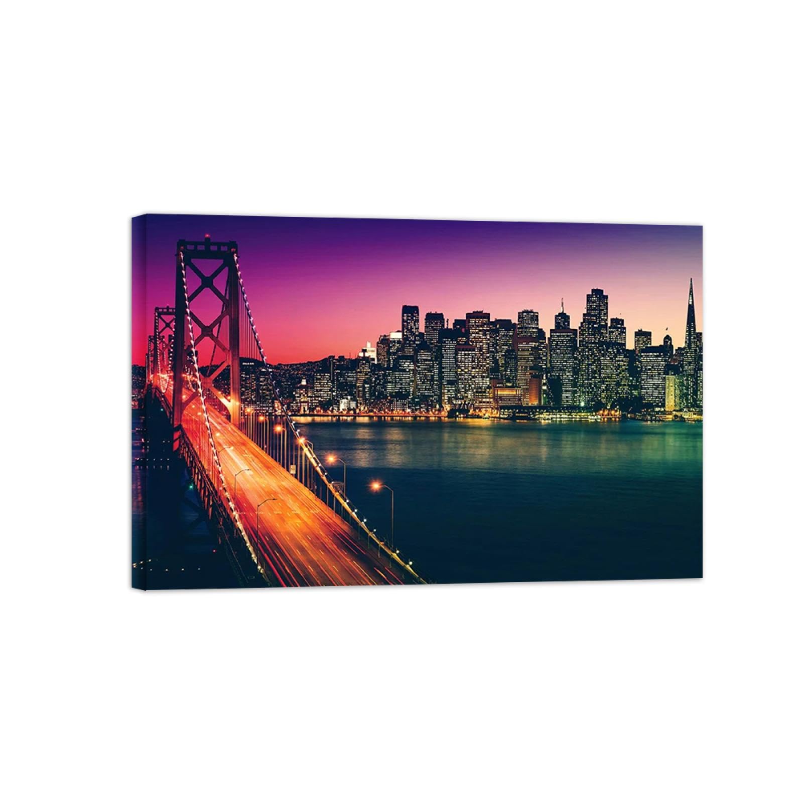 Stadtlandschaft Leinwandbild-Panorama Bilder auf Leinwand-Landschaftsbilder Wandbilder Wohnzimmer Moderne(Gebäude Brücke Nacht) 60x90cm Umwickelte Leinwand