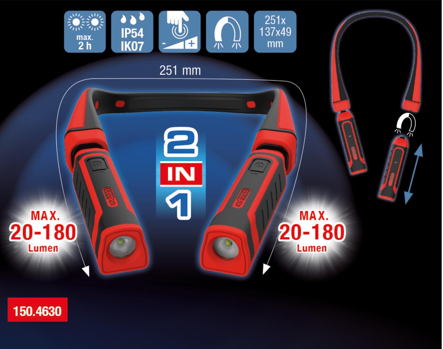 KS Tools 150.4630 eQi UltimateBEAM Lampa na kark 2 w 1 z dwoma wyjmowanymi lampami roboczymi po 180 lumenów każda