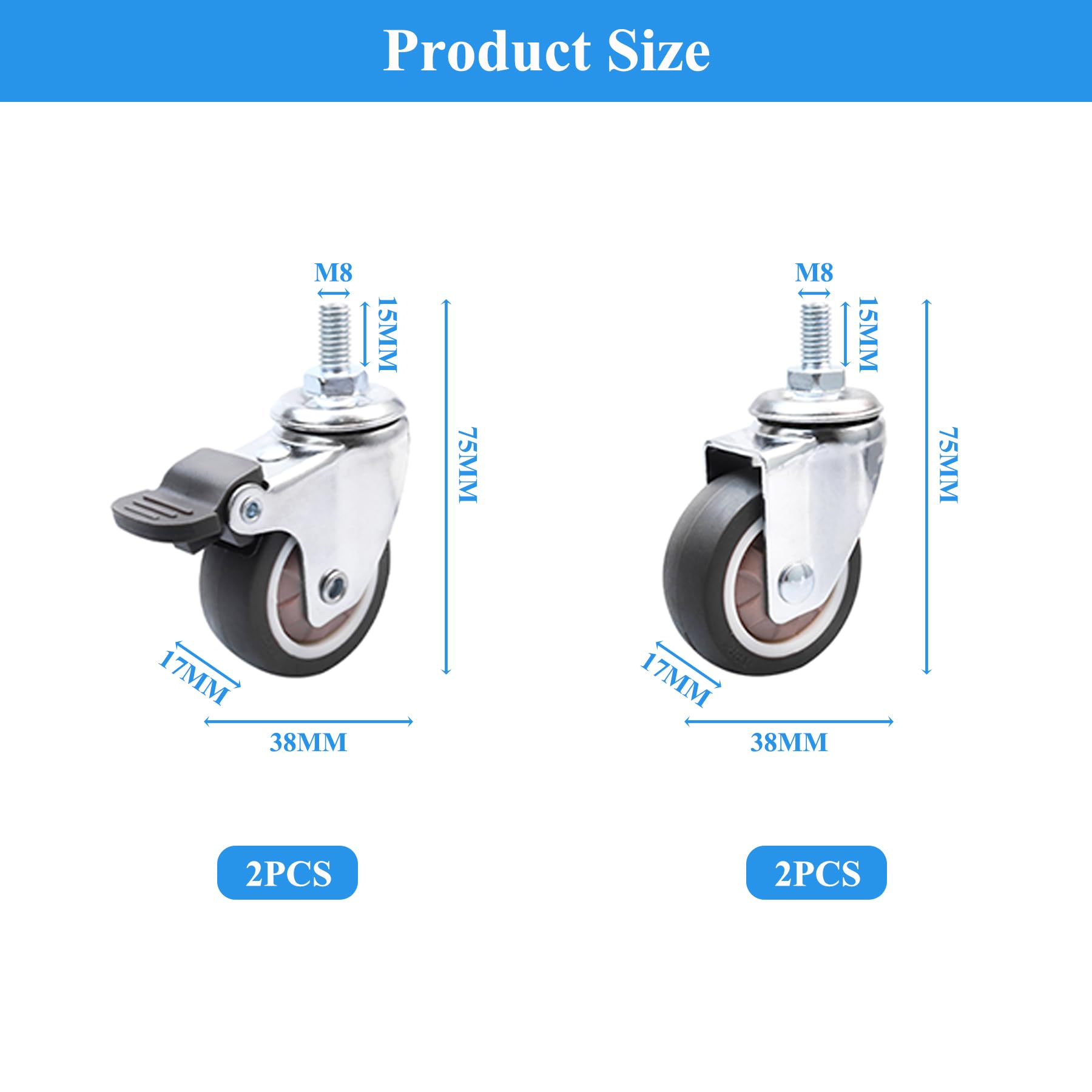 Swivel Castors for Furniture M8 Furniture Castors, Small, 2 Wheels with Brakes and 2 Without Brakes, 360° Rotatable - Image 2