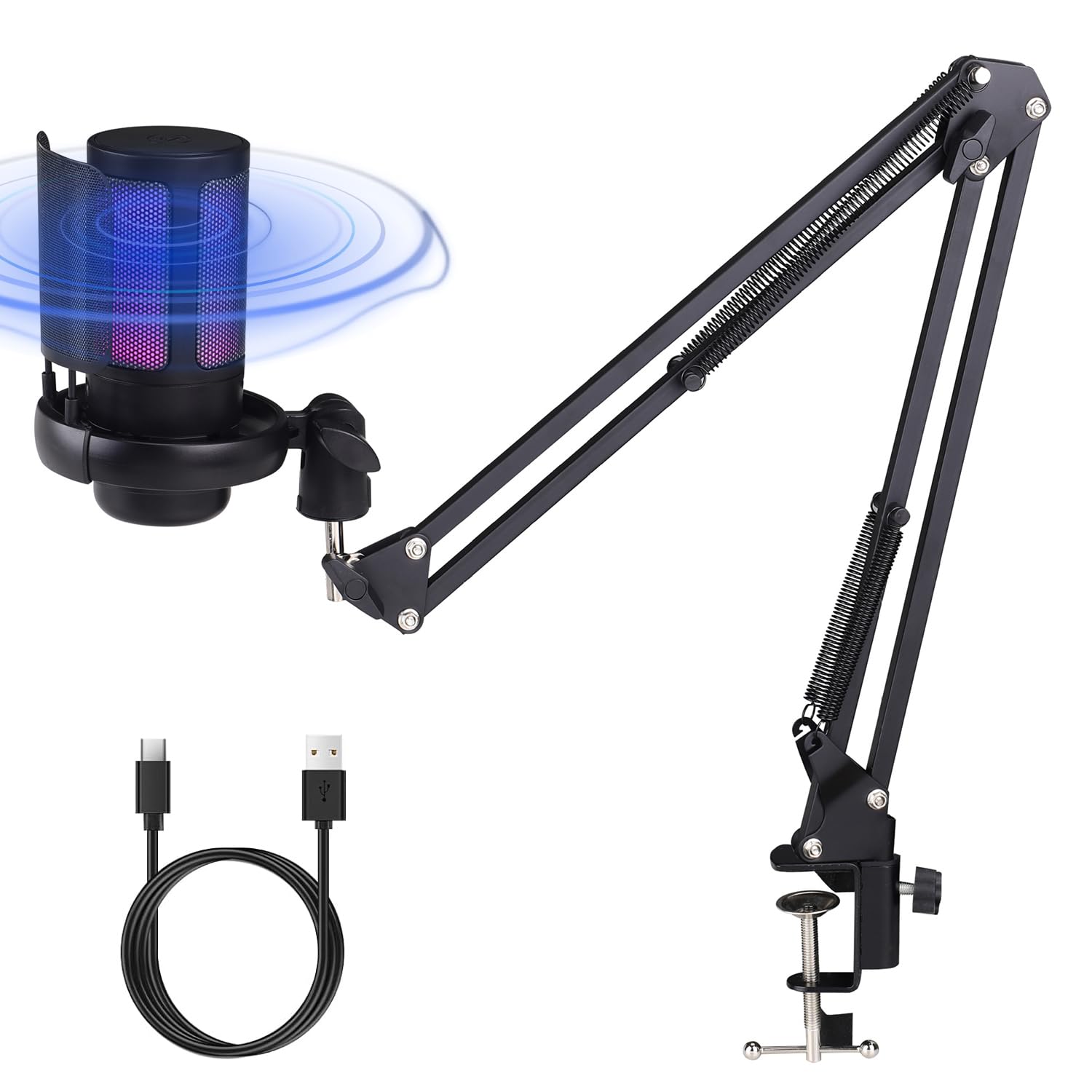 STAYOUNG Gaming USB Microphone with RGB Light - Podcast Microphones RGB Computer Mic with Boom Arm Stand Noise Cancellation Replacement for Podcast,Audio,Vocal,Video(Black)