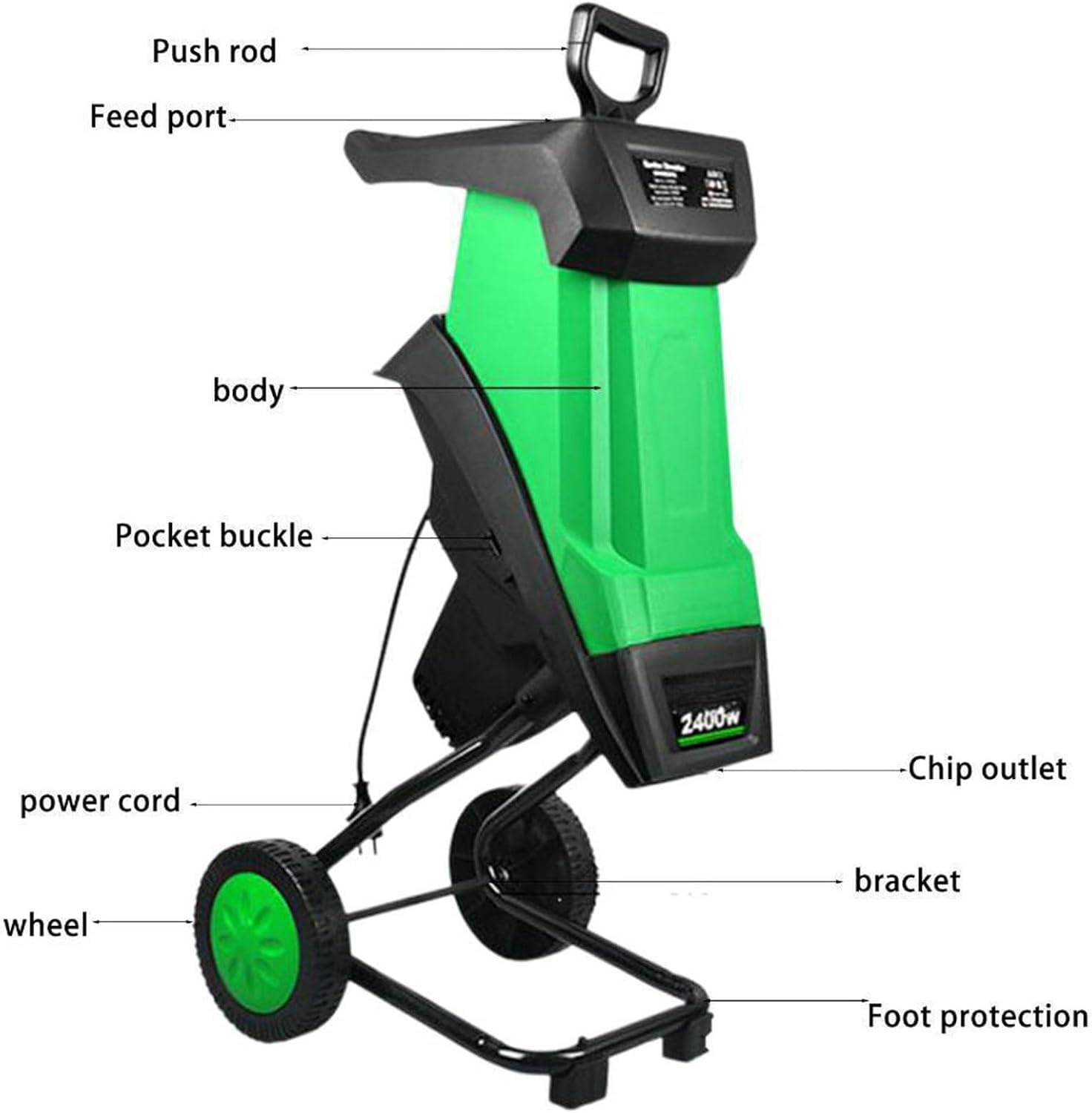 Broyeur de branches électrique, outil de jardin de 2400 W avec roues, broyeur à 4500 tr/min, sac de 50 L les déchets de jardin