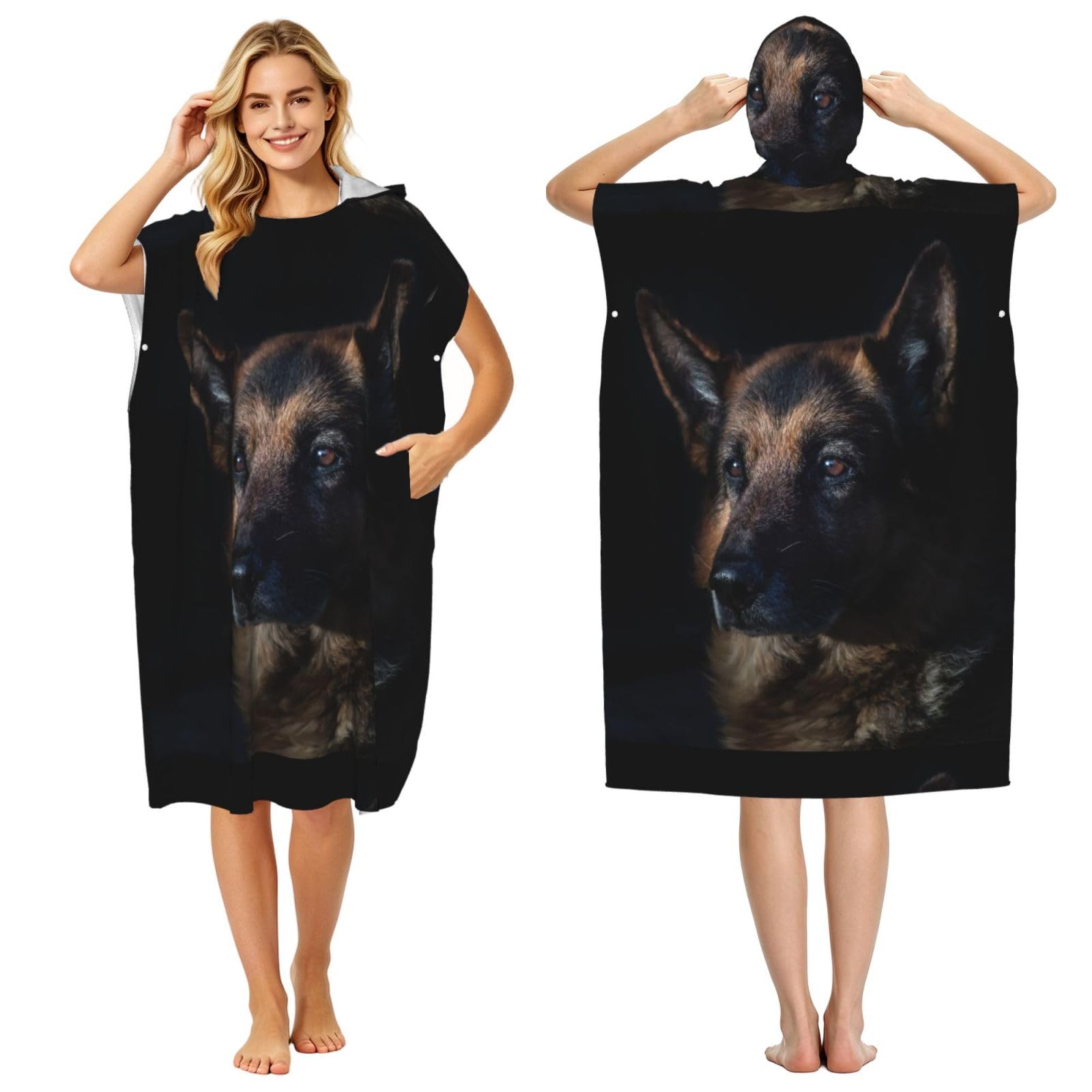 Poadnly German Shepherd Dog, Adult Hooded Beach Towel 90 x 110 cm,Changing Bath Robe, Surf Poncho Towel For Women Men