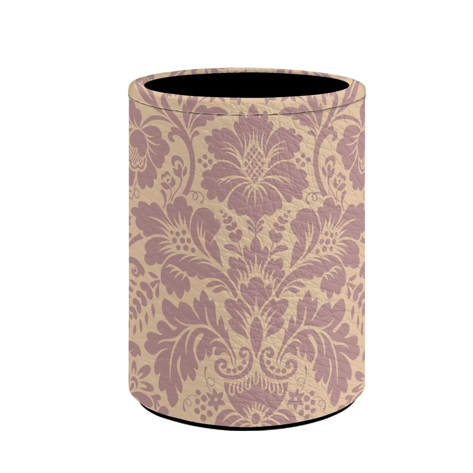 Buxolandt Retro Flower Silhouette Print Pen Holder PU Pencil Holder for Desk, Round Desktop Organizer and Pencil Cup for Office, School, Home Decor and Stationary Supplies (7.6 x 7.6 x 10.3 cm)