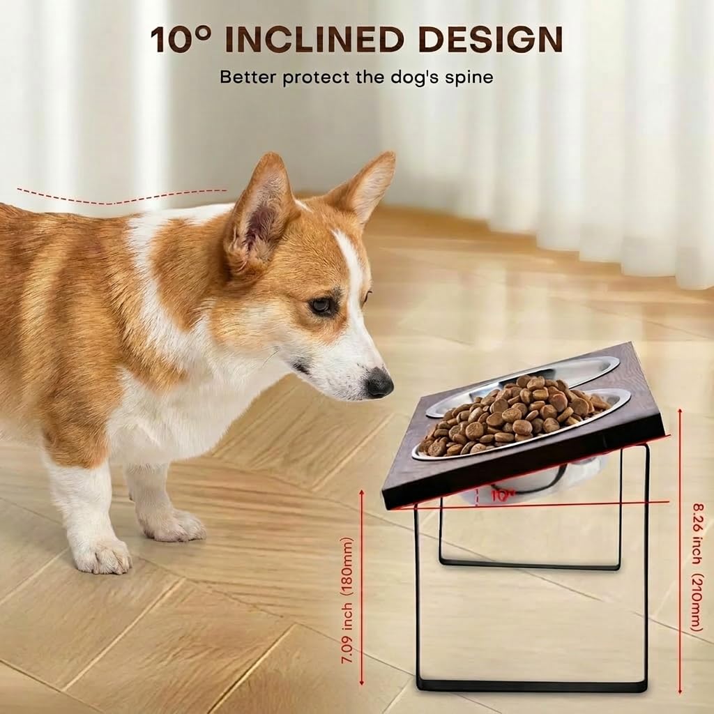 Soporte elevado para cuencos para perros medianos y grandes, comedero elevado de MDF con 2 cuencos de acero inoxidable, juego de platos inclinados para comida y agua para perros, estación de