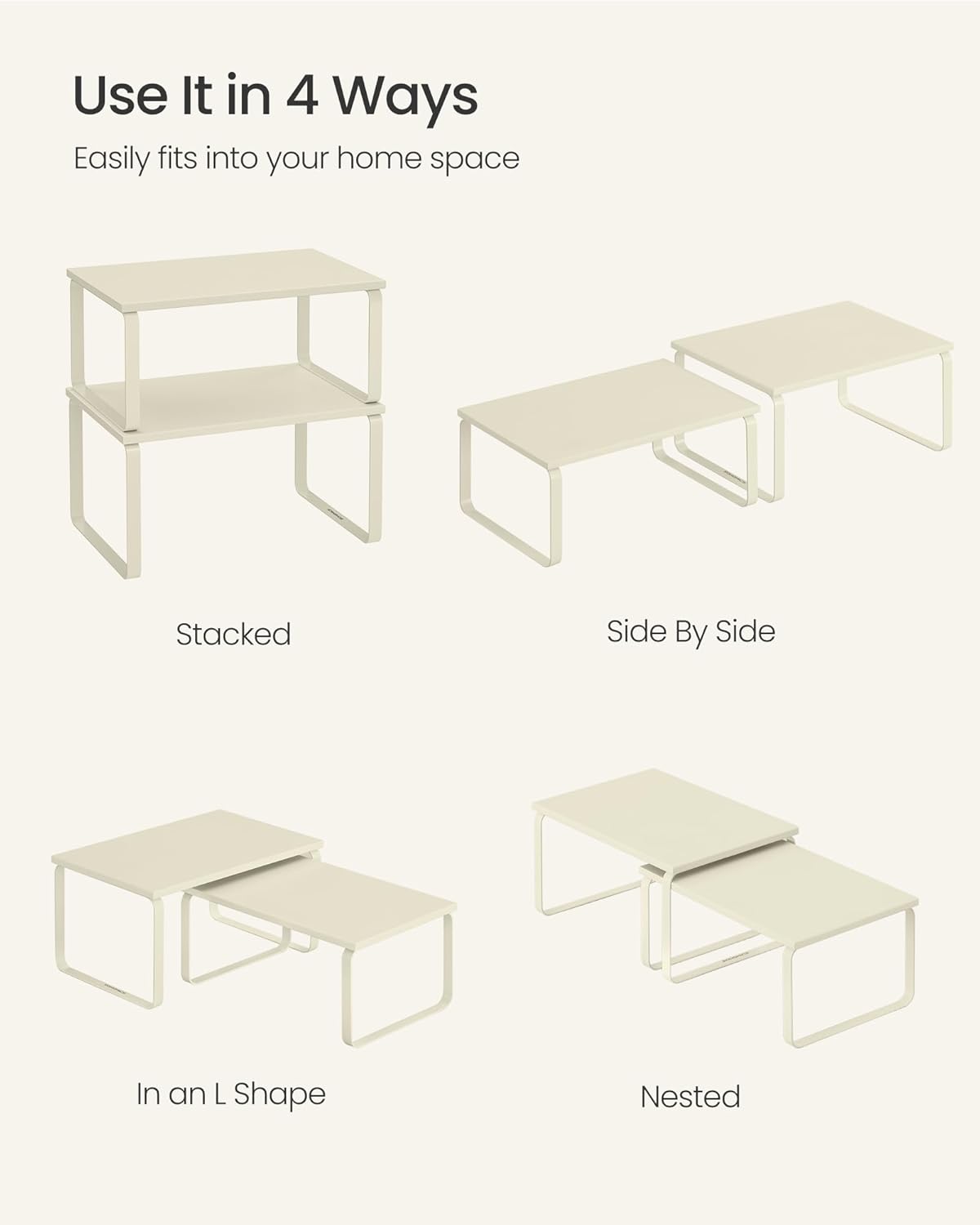 SONGMICS Cabinet Organizer Shelf, Set of 2 Kitchen Counter Shelves, Kitchen Storage, Spice Rack, Stackable, Expandable, Metal and Engineered Wood, Cream White UKCS002W02 - Image 4