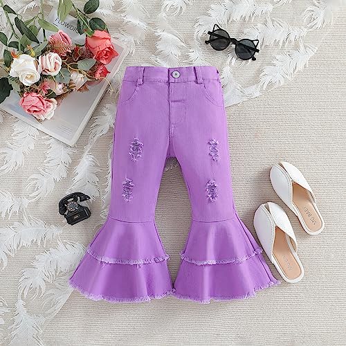 IBTOM CASTLE Toddler Girls Bell Bottom Jeans Flare Pants for Kid Ruffle Ripped Denim Leggings Elastic Waist Casual Trousers2