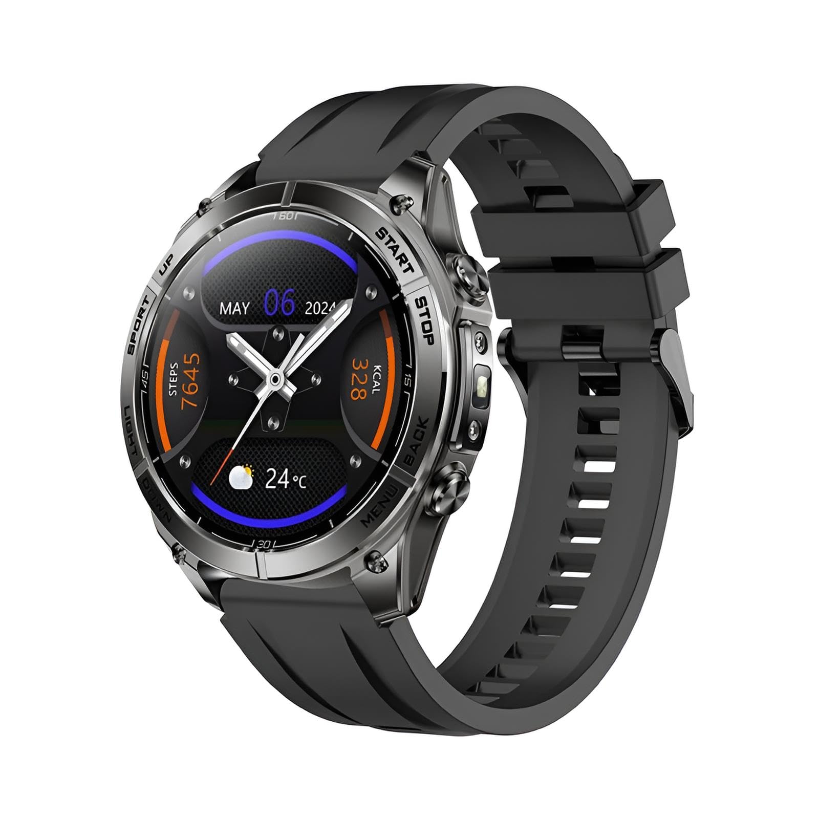 Reloj Inteligente Hombre KM101 militar con GPS y Mapas, Smartwatch Deportivo Pantalla AMOLED 1.43", Llamadas Bluetooth y Música, 5 ATM Sumergible, Batería 550mAh, Altímetro, Brújula, Linterna, SpO2.