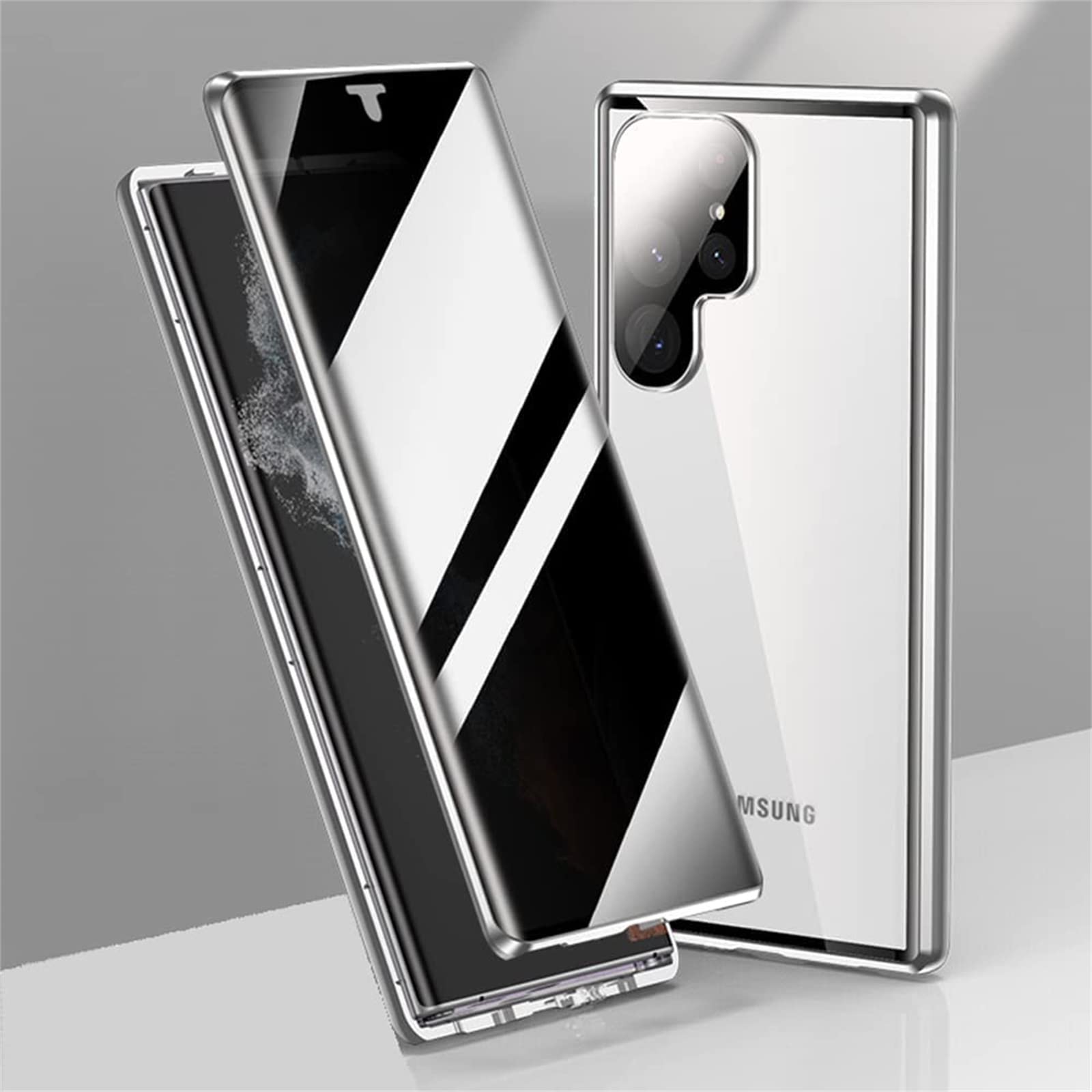 Anti Peeping Case for Samsung Galaxy S23 Ultra Privacy Tempered Glass Cover Anti SPY Screen Anti Peep Magnetic Adsorption Metal Bumper 360 Full Protective Case,Silver,For Samsung S23Ultra