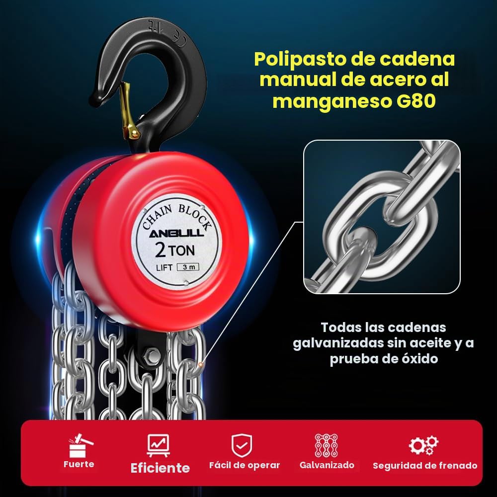 Anbull Polipasto manual de Cadena 2000kg 3M, Cadena de acero al manganeso G80 Totalmente Galvanizada, libre de aceite y resistente al óxido