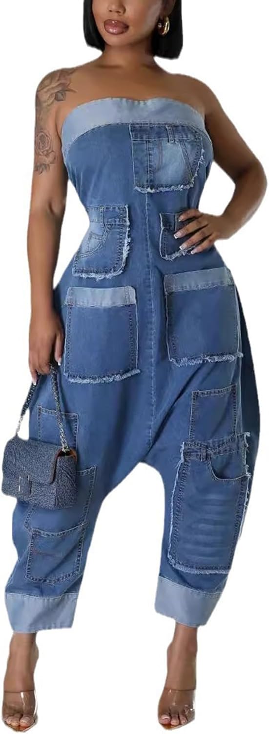 Strapless Denim Jumpsuit for Women, Casual Cargo Multi Pockets Loose Baggy Wide Leg Patchwork Jean Rompers 2026
