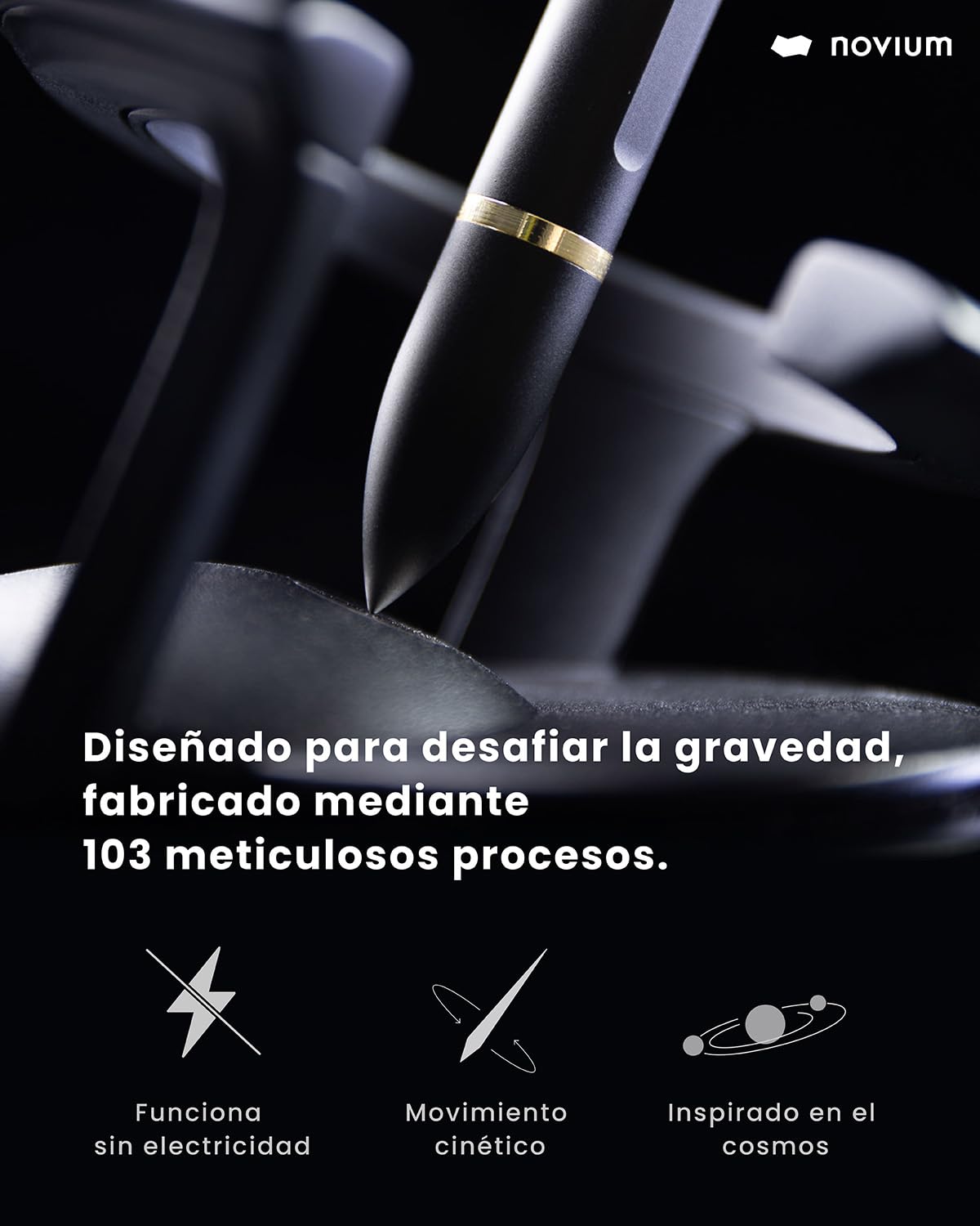 novium Hoverpen Interstellar Edition - Bolígrafo de lujo futurista hecho con aleaciones aeroespaciales, estética única, bolígrafo ejecutivo giratorio gratis, regalos para hombres y mujeres (negro
