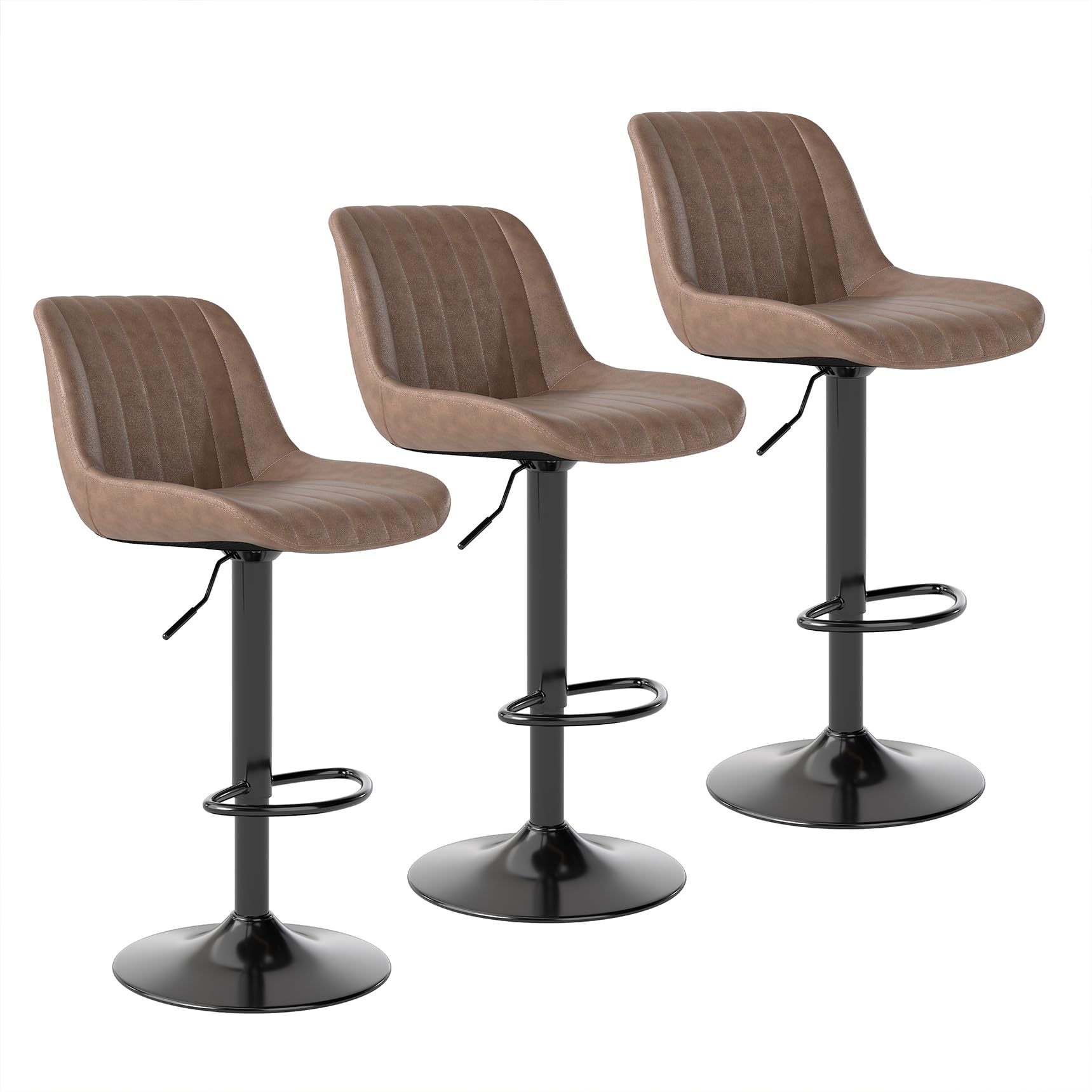 Youhauchair Bar Stools Set of 3, Swivel Counter Height Barstools with Back, Adjustable PU Leather Bar Chairs, Modern Armless Kitchen Island Stool, Brown