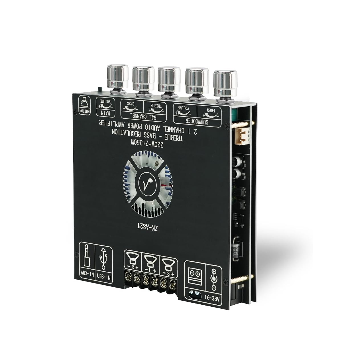 Scheda amplificatore di potenza audio a 2.1 canali, 220 W × 2+350 W subwoofer modulo amplificatore digitale Bluetooth con controllo alti e bassi per altoparlanti fai da te - AS21