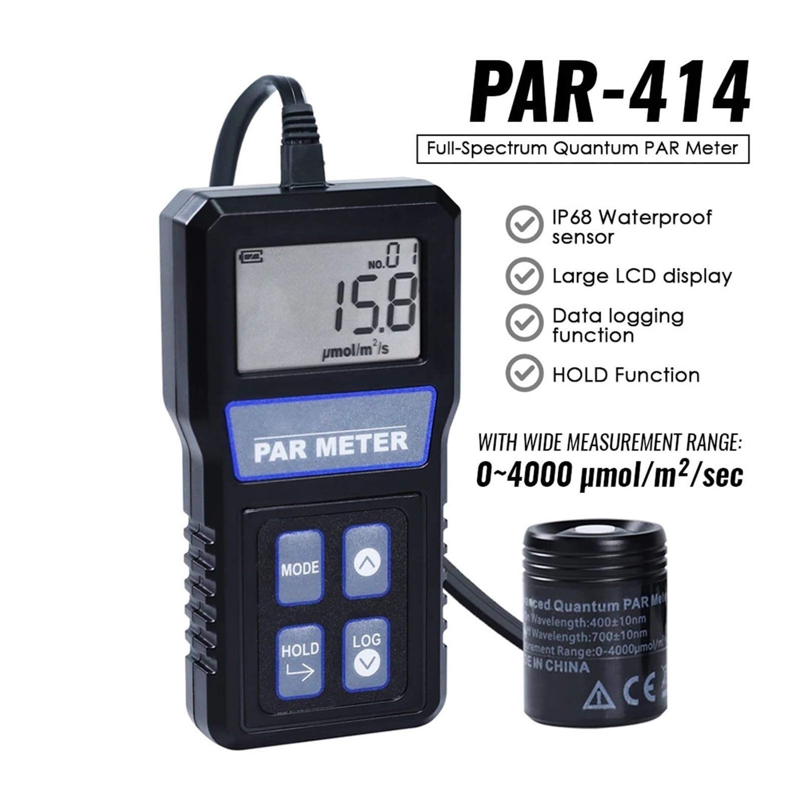 Medidor PAR IP68, sonda Impermeable, probador PPFD, Sensor de Espectro Completo, Actividad fotosintética for Plantas de Arrecife de Acuario Medir el Brillo