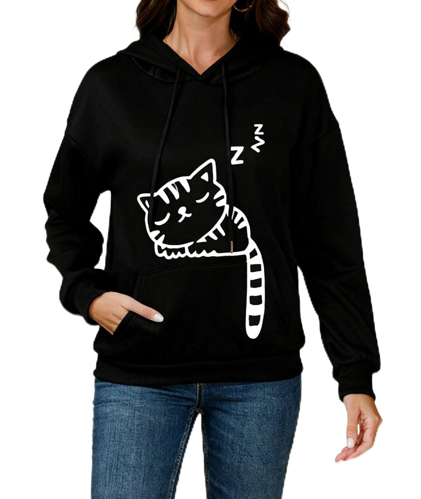Women Girl Hoodies Cute Cat Ear Novelty Printed Pullover Sweatshirt