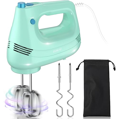 Electric Hand Mixer with Stainless Steel Whisk, Dough Hook Attachment and Storage Bag, Handheld Mixer for Baking Cakes, Eggs, Cream Food Mixers. Turbo Boost /5 Speed Kitchen Blender GREEN
