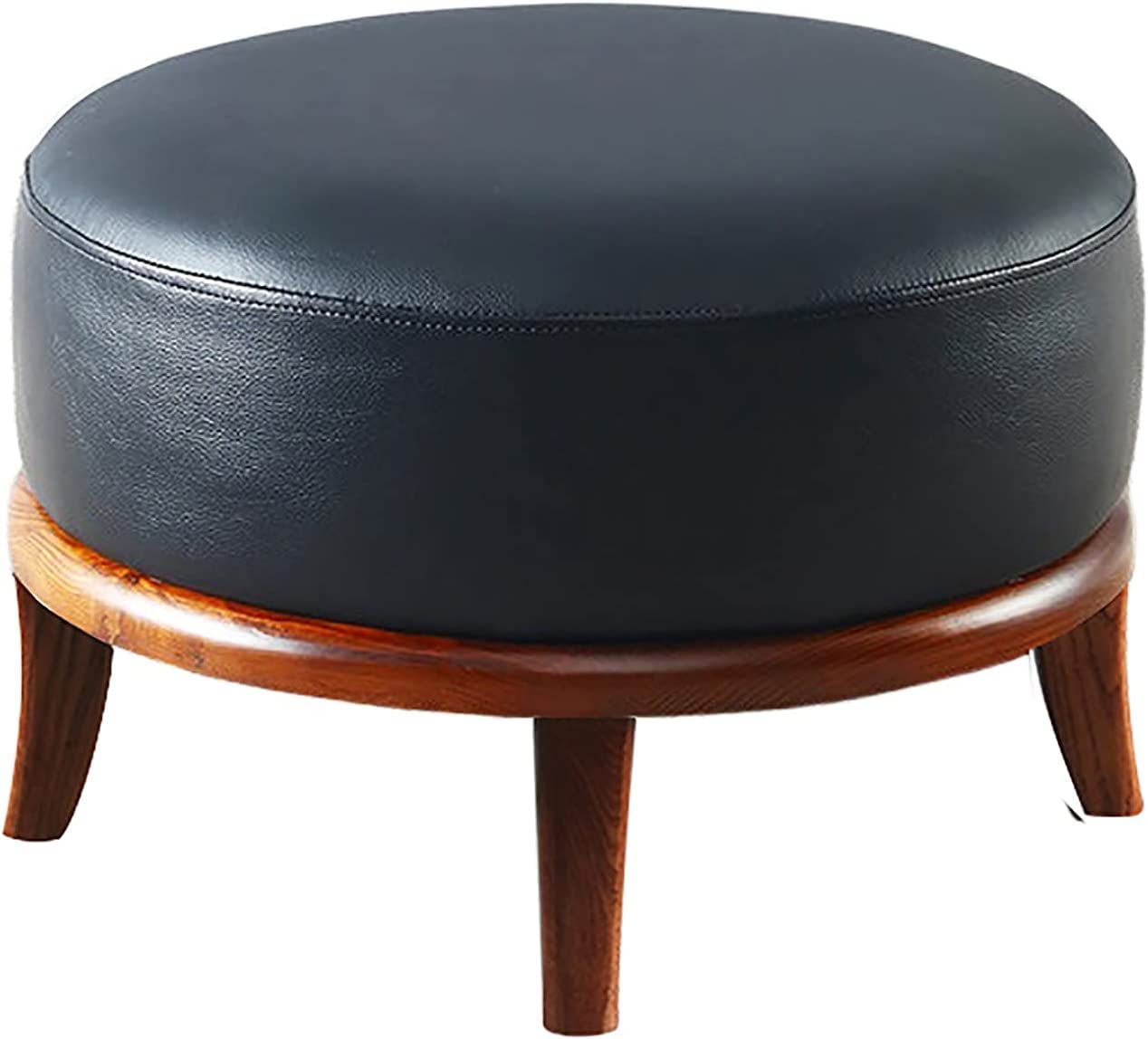 Repose-Pieds Multifonction en Cuir Noir, Grand Pouf avec Pieds Bois