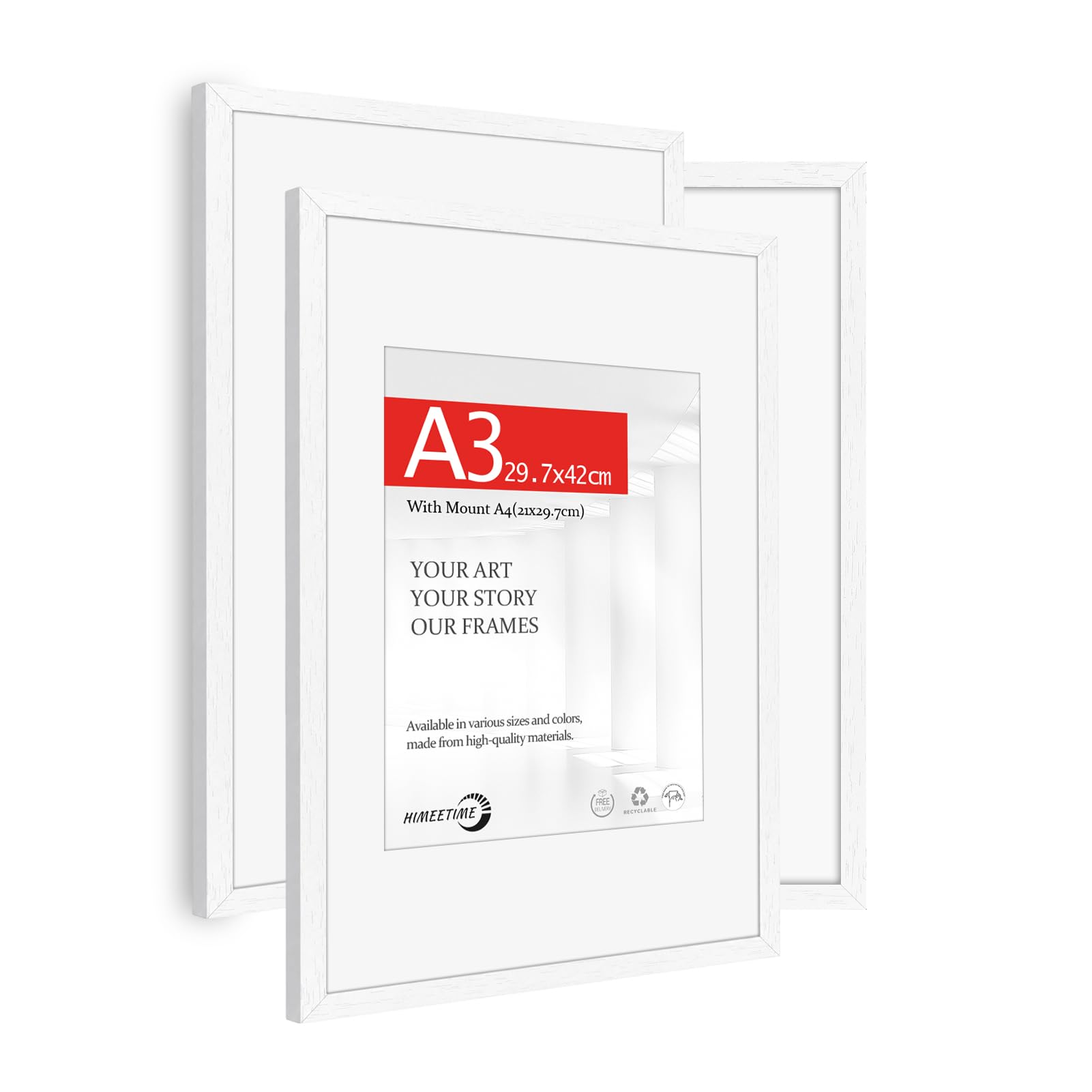 HIMEETIME® 3x A3(29.7x42cm) Picture Frame White Wood.A3 Photo Frame with Mount for A4(21x29.7cm) — Includes HD Perspex.Wall Mountable