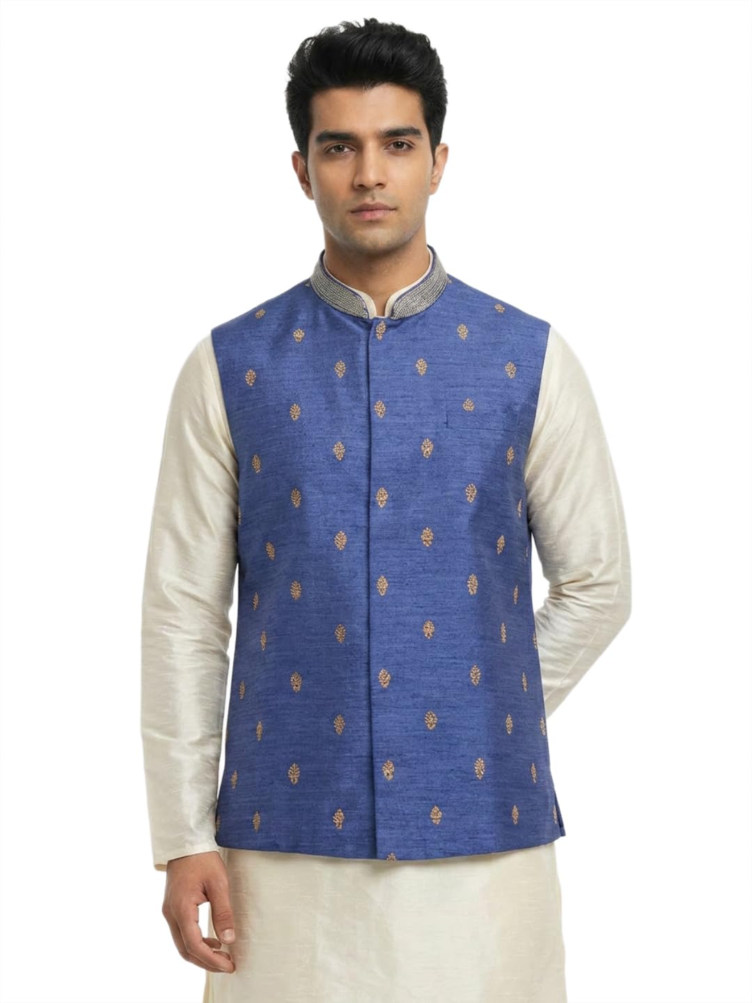sanman ethnix by raymond Men Regular Fit Silk look, Jacquard Pattern Pure Polyester Mandarin Collar Sleeveless Festive Bundi-picture-21