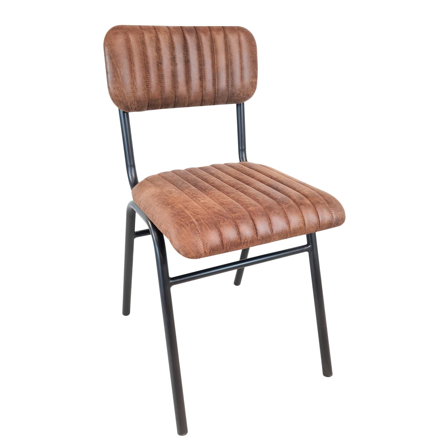 Industrial Vintage Retro Rustic Style Dining Chair, Faux Leather, Home, Restaurant, Coffee Shop, Bar, Hotel, Brown, Grey, Green, Ribbed Seat + Satin Grey Metal Frame (Mocha Brown)