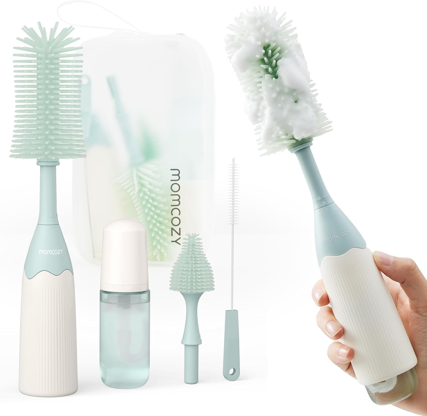 Momcozy Bottle Brush Kit with Push-Press Foam Design - Newborn Essentials Gift, Portable Cleaning Tool for Home & Travel, Baby Bottle Cleaner Brush for Breast Pumps & Nipples, Green-image-33