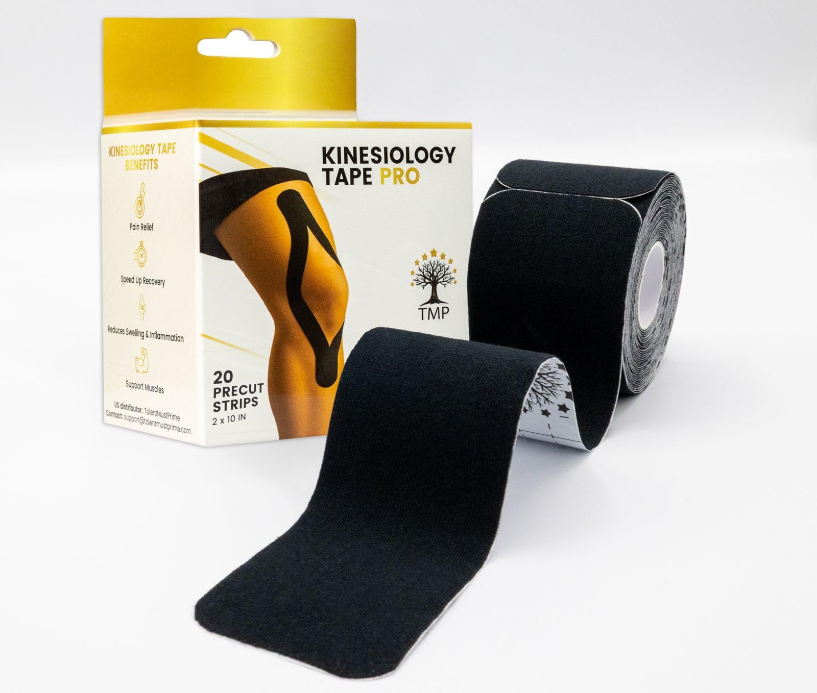 TalentMustPrime Pro Kinesiology Tape 1 Roll Precut 20 Strips 2 x 10 Pro Quality Waterproof Breathable Latex-Free Strong
