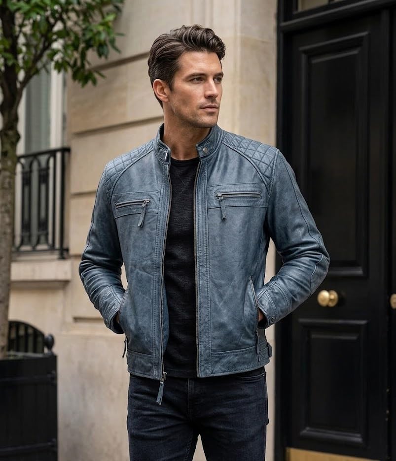 Image of Mens Vintage Retro Biker Cafe Racer Jackets - Diamond Quilted Style Genuine Leather Motorcycle Jacket