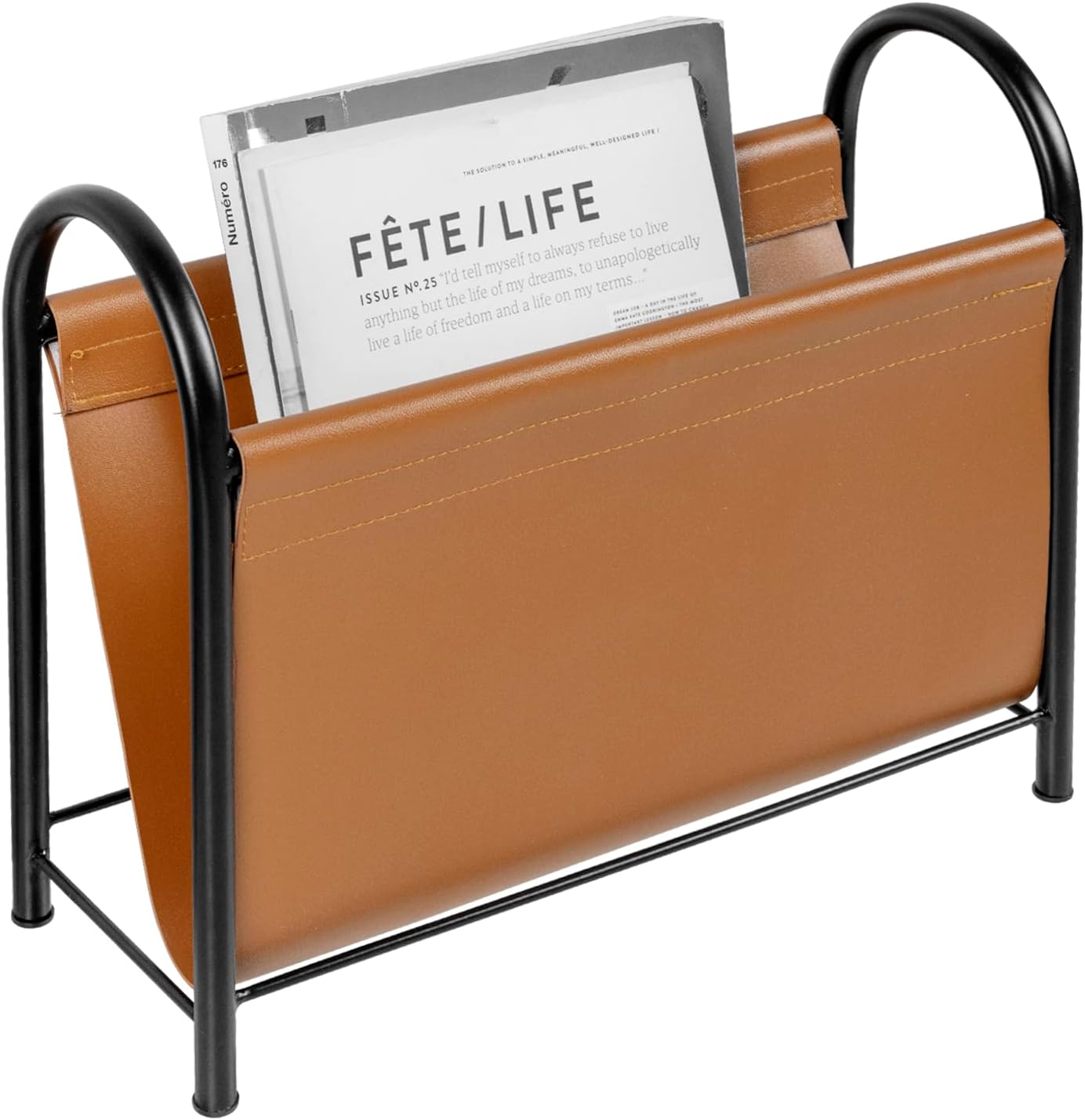 MyGift 15 Inch Modern Caramel Leatherette and Black Metal Magazine Holder with Round Handles, Floor Standing Faux Leather Book Storage Newspaper Rack, Home Bathroom Decor
