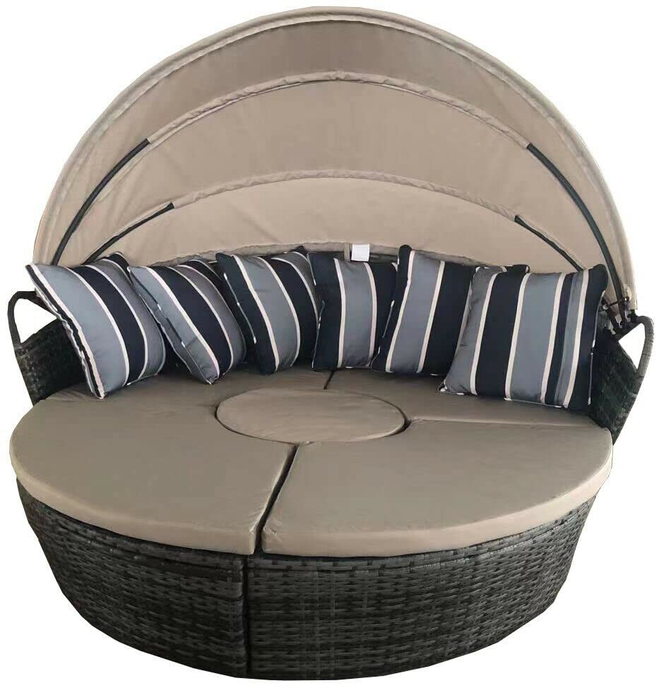 Buy Patio Furniture Outdoor Round Daybed, 160CM Sun Shade Leisure Sofa with Retractable Canopy