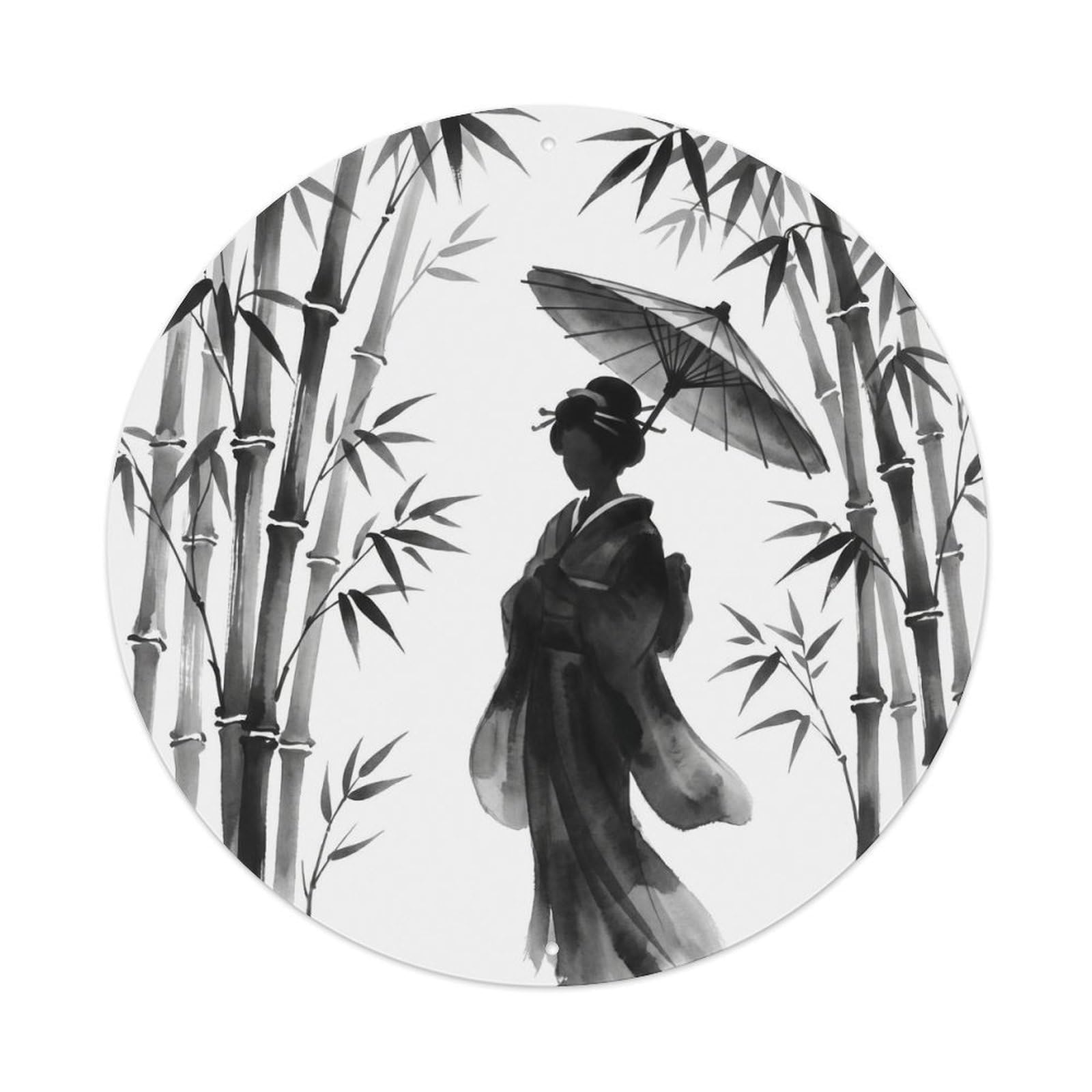 Galvaxio Style Japanese Kimono Woman Ink Bamboo Grove Tranquil Scene Metal Tin Sign