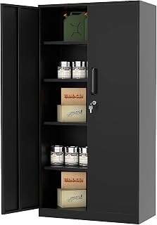 Black Garage Storage Cabinet with Locking Doors, 72'' Tall Steel Cabinet with 4 Adjustable Shelves, Lockable Metal Utility Cabinet for Garage, Office, Pantry and Kitchen