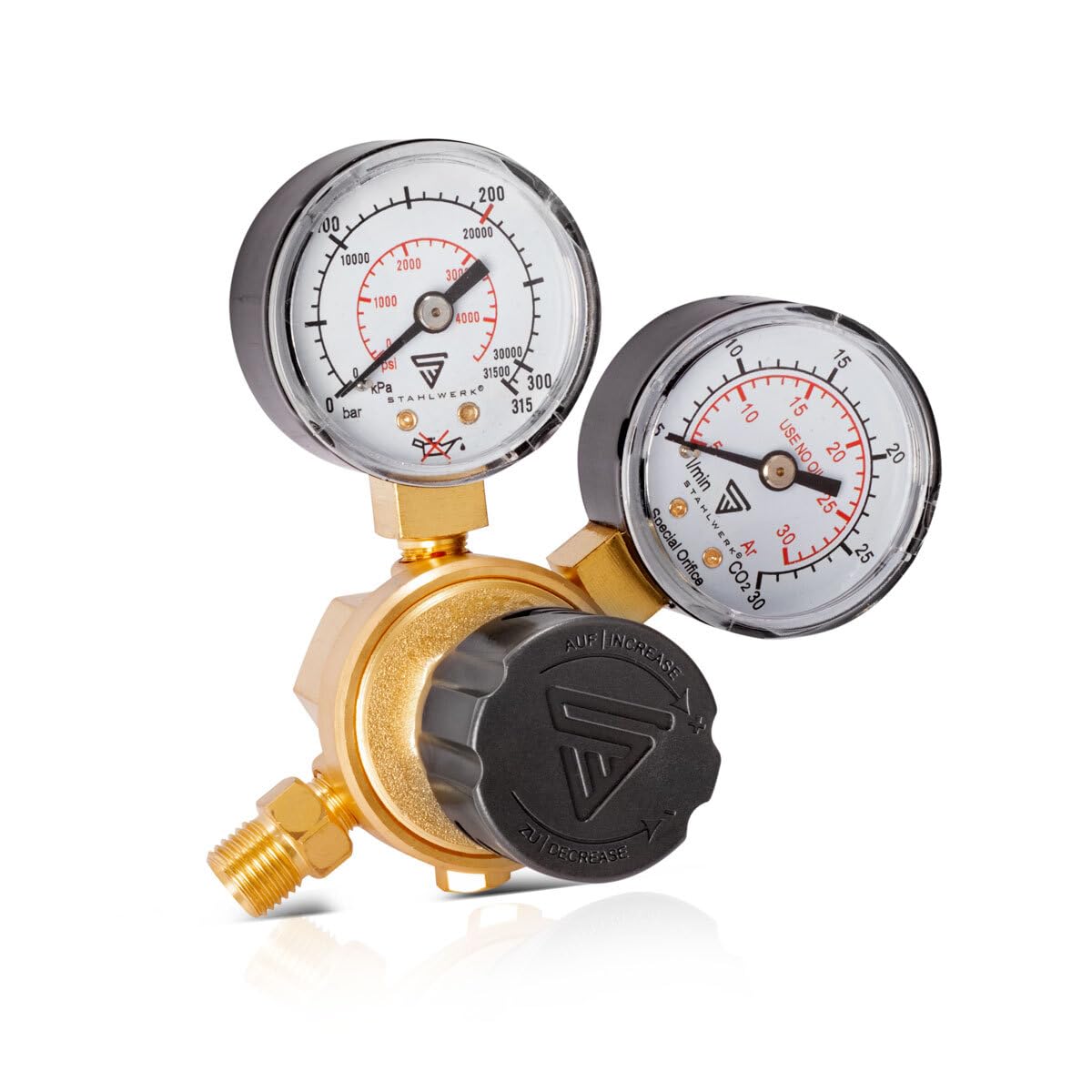 STAHLWERK Mini regulador de presión ST-215 según norma DIN EN ISO 2503 Regulador de presión hasta 200 bar de latón de alta calidad para Argón | CO2 | Mix 18 | gas de protección
