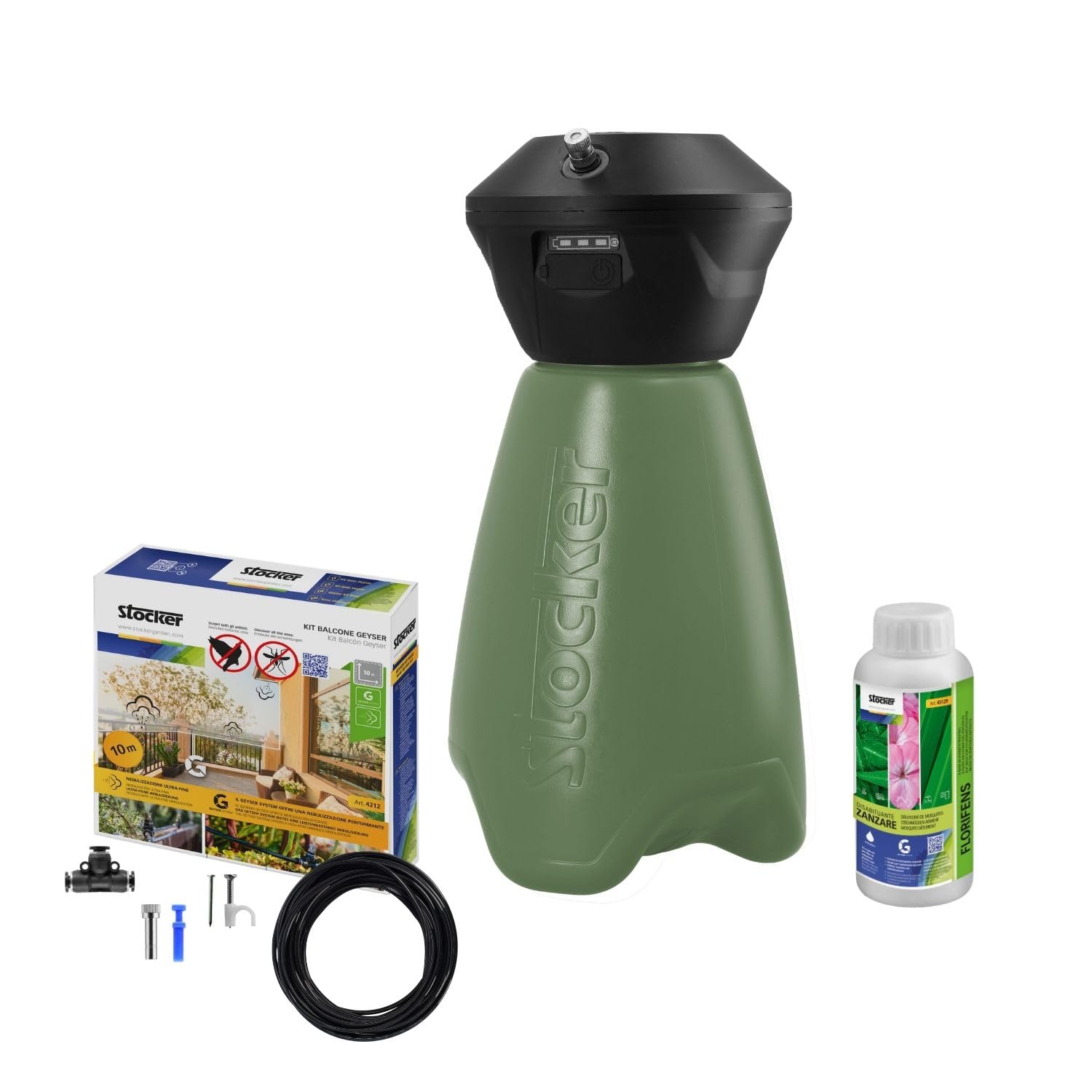 STOCKER - Geyser Nebulizzatore 2 L Li-Ion - Kit Completo Anti-Zanzare con Batteria Li-Ion 3,6 V, Serbatoio 2 L e 10 m di Tubo - Copertura Perimetrale fino a 10 mq