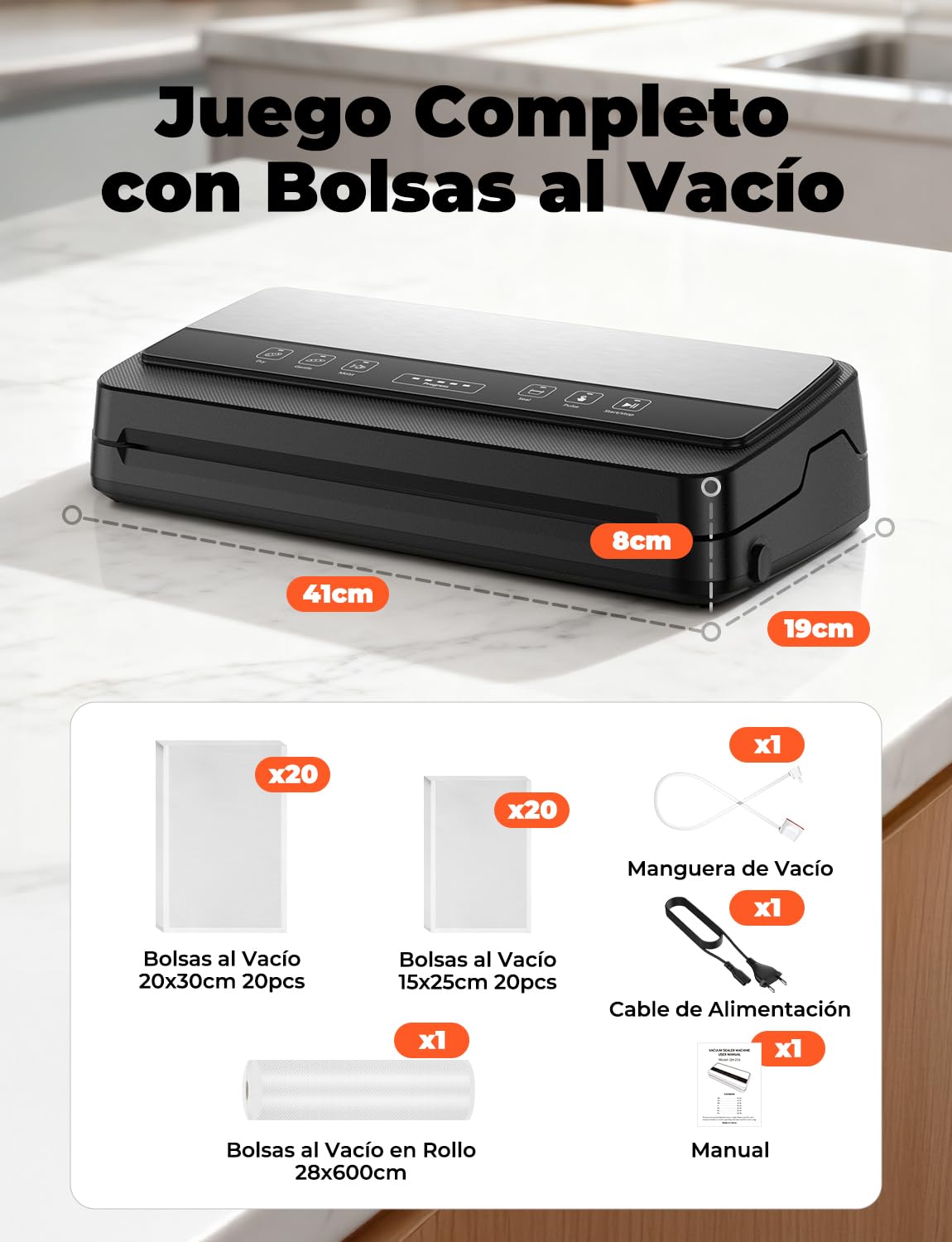 Envasadora al Vacío 85Kpa Profesional, Máquina de Vacío con Tubo de Vacío/Almacenamiento de Bolsas/Cuchilla de Corte, Incluye 40 Bolsas y 1 rollo 28x600cm Bolsas, para Alimentos Secos/Suaves/Húmedos