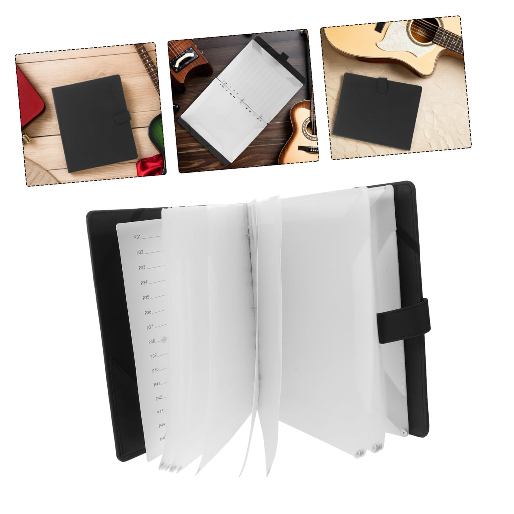 Alasum Carpeta de Partituras para Piano y Guitarra, Cuero Sintético Negro, 9 Anillas, con 30 Páginas Numeradas, Organizador Musical Versátil para Partituras Sueltas, Adecuado