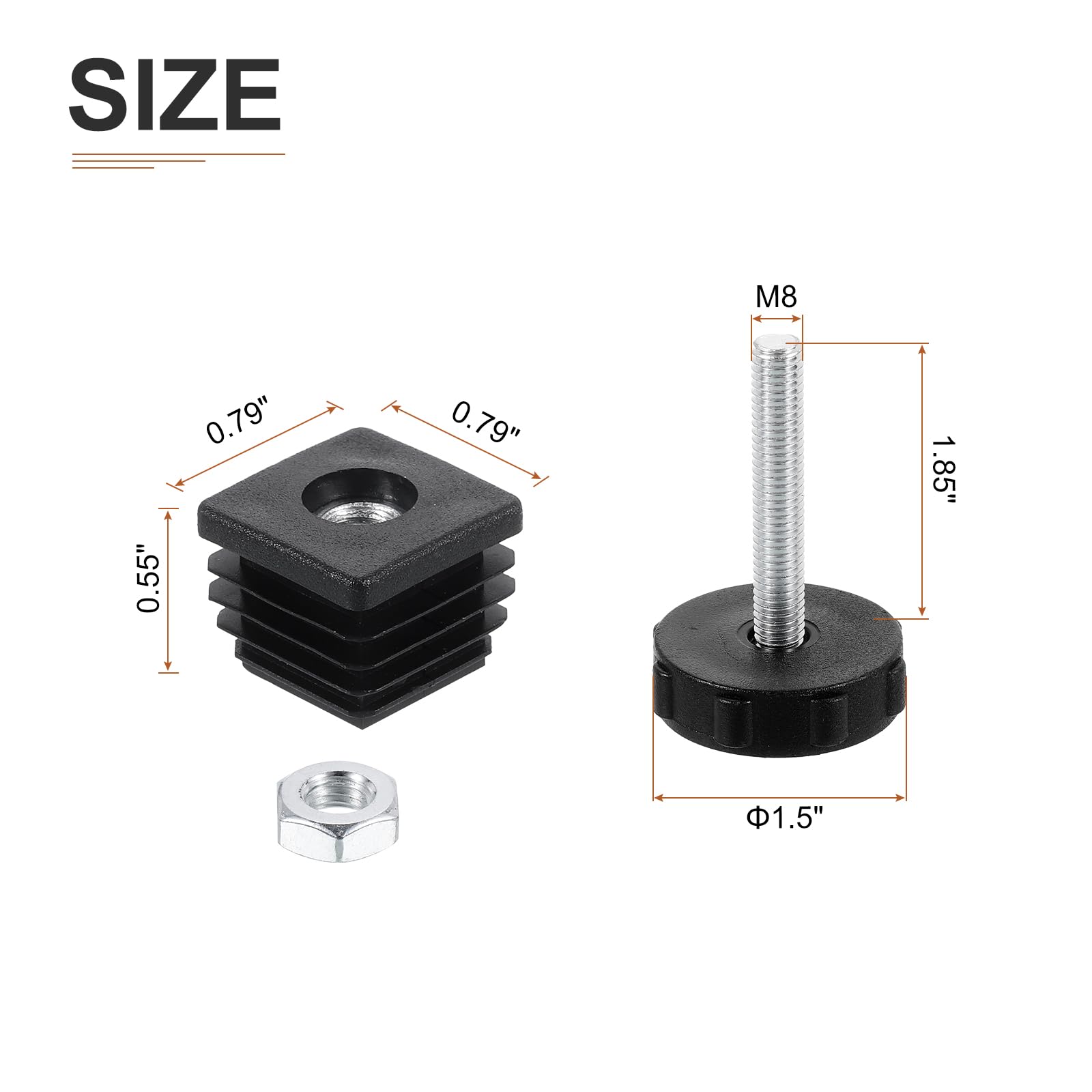 DTGN 20x20mm(LxW) Adjustable Leveling Feet - 8Set - Good for Furniture - Square Insert Kit Furniture Glide - Black - Image 2