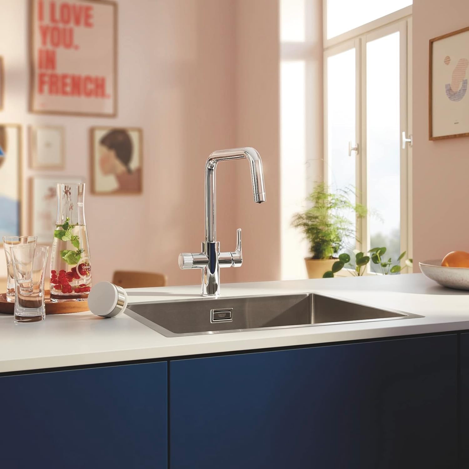 GROHE Blue Pure Start Starter Kit con Rubinetto Filtro Acqua, Bocca U, Filtro UltraSafe, Riduzione 99,999% Batteri e Microplastiche, Cromo, 30594000