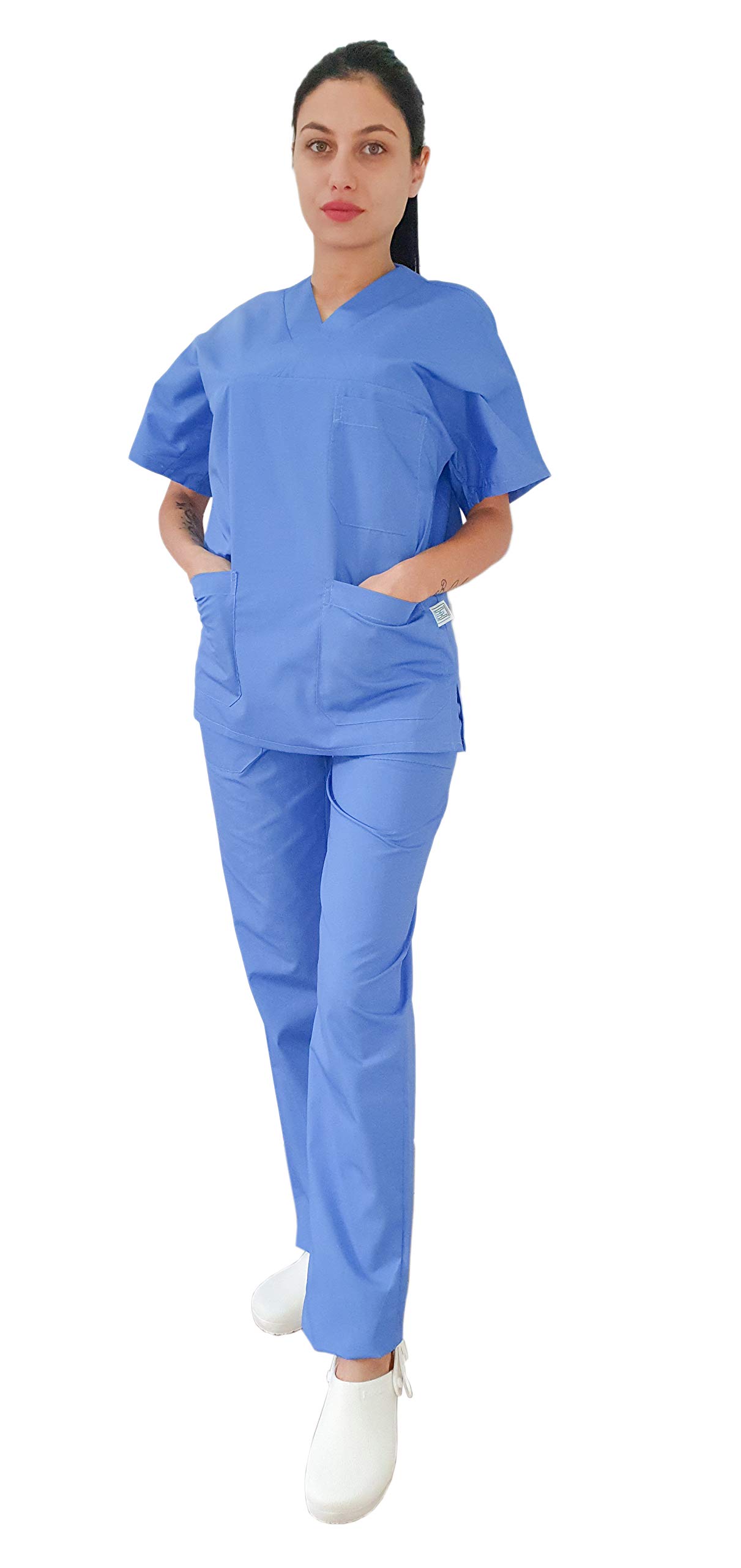Tecno Hospital - Chaqueta hospitalaria - Ideal para Operadores Sanitarios, estéticas, enfermeras, médicos, para personal de laboratorio, etc - Casaca con escote en V - Unisex azul claro 6XL