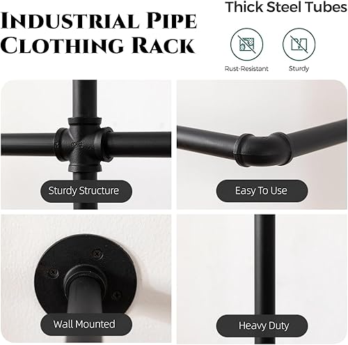 Miniatura 7 de Perchero industrial de tubo de hierro para ropa montado en la pared, varillas de tubo de hierro resistentes, barra desmontable multiusos para colgar